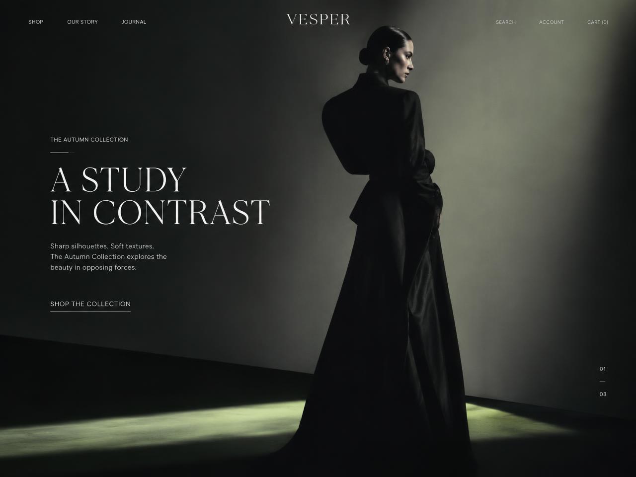 Model in black couture standing in a dark studio lit by a pale green floor light